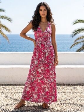 Womens Floral Smocked Maxi Dress XS High Waist Beachy Travel Vacation Summer